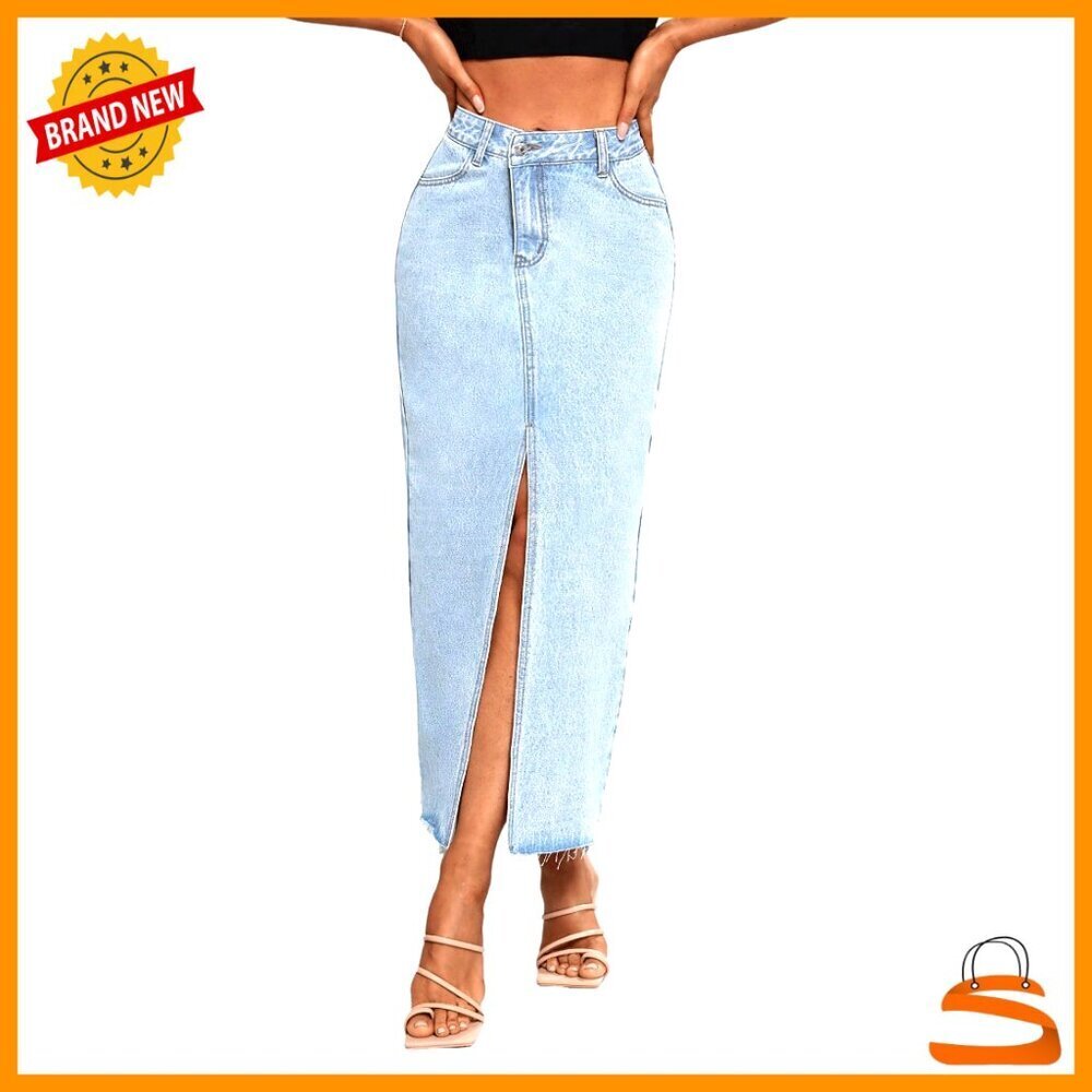 High Waist Stretch Maxi Denim Skirt with Front Split and Raw Hem